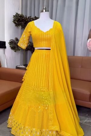 Yellow Color Designer Embroidery & Mirror Work Lehenga Choli For Haldi Function