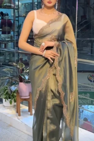 Royal Olive Green Satin Saree with Zarkhan Work