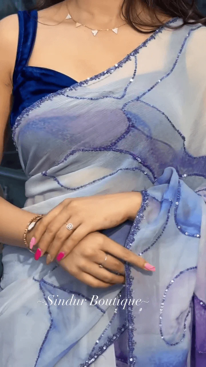 White and Lavender Shaded Organza Saree With Abstract Watercolor Print and Subtle Sequin Detailing Paired with Rich Royal Blue Velvet Blouse - Image 2