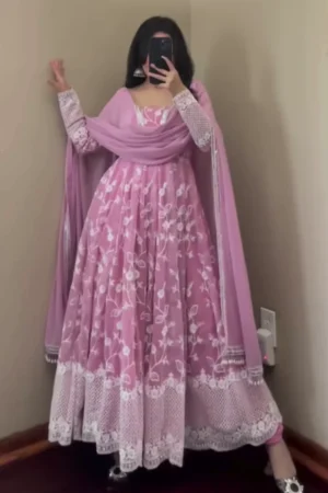 Designer Embroidery Work Light Pink Color Anarkali Suit