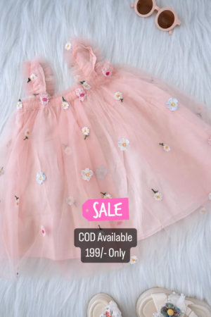 Baby Pink Flower Embroidered Skirt For Kids On Sale