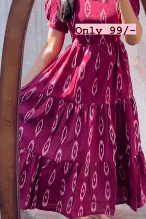 Purple Color Puff Sleeve Cotton Dress For Summer