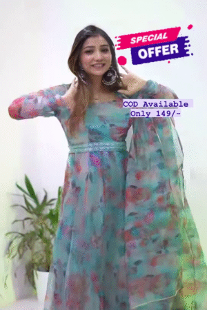 Organza Blue Color Printed Anarkali Suit