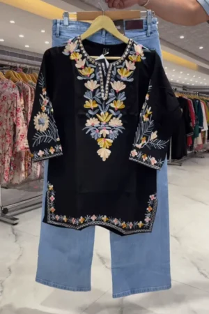 Elegant Multicolor Embroidered Black Kurti with Denim Pants – Fusion Chic Collection