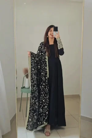 Black Color Soft Georgette Anarkali Gown With Heavy Embroidery Work Dupatta