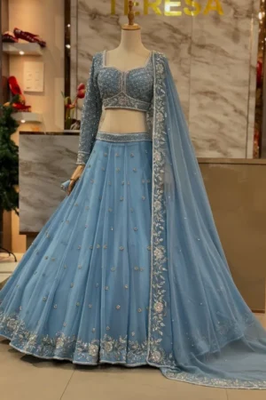 Most attractive Sky Blue Color Embroidery Designer Lehenga Choli