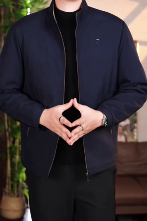 Men's Classic Navy Blue Band Collar Zip Jacket