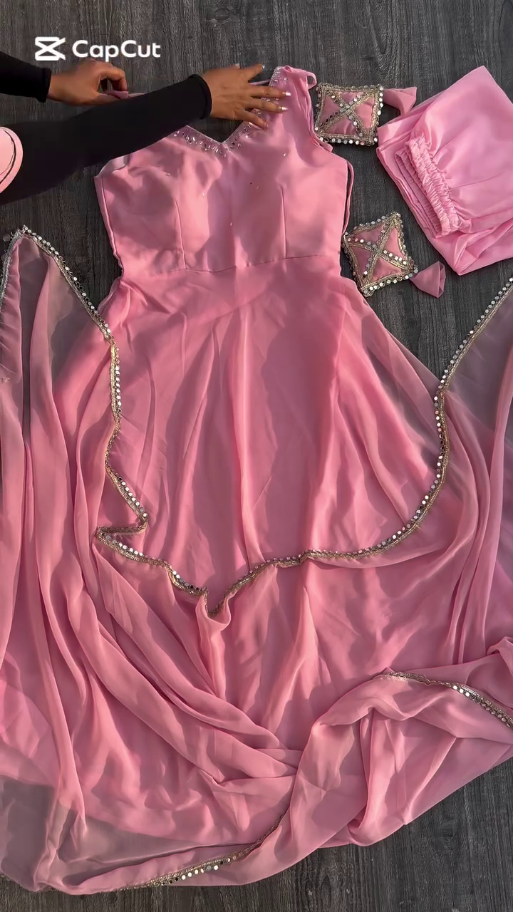 Trendy Women's Georgette Embroidered Anarkali Sleeveless Morni Gown and Dupatta with Elegant Design