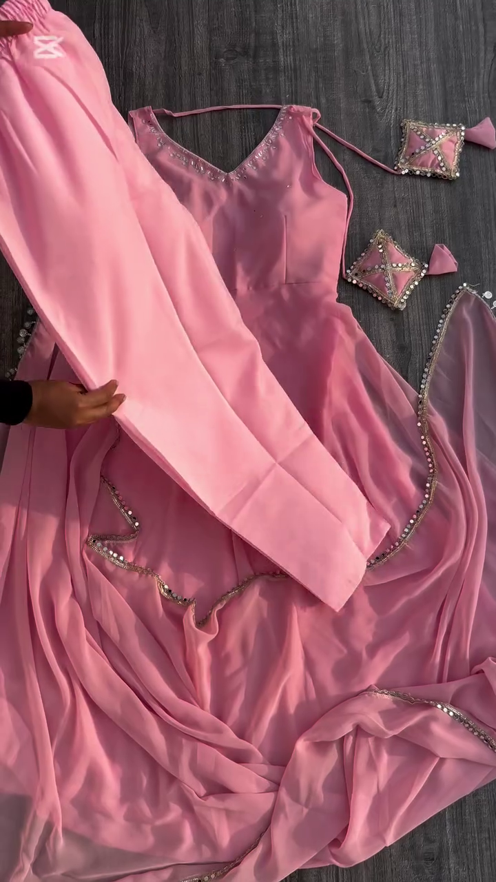 Trendy Women's Georgette Embroidered Anarkali Sleeveless Morni Gown and Dupatta with Elegant Design - Image 3