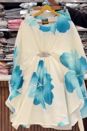Stylish White Blue Floral Kaftan