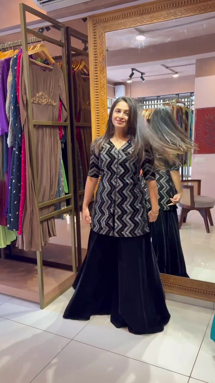 Black Printed Round Neck Top Jacket With Flared Palazzos Ethnic Co-Ords - Image 12