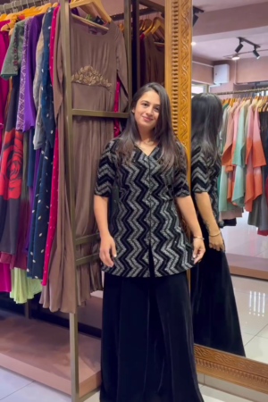 Black Printed Round Neck Top Jacket With Flared Palazzos Ethnic Co-Ords