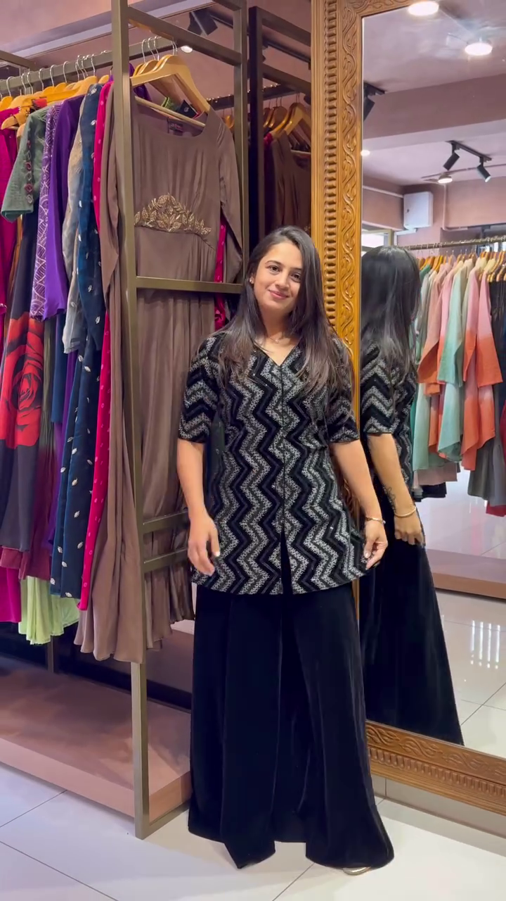 Black Printed Round Neck Top Jacket With Flared Palazzos Ethnic Co-Ords