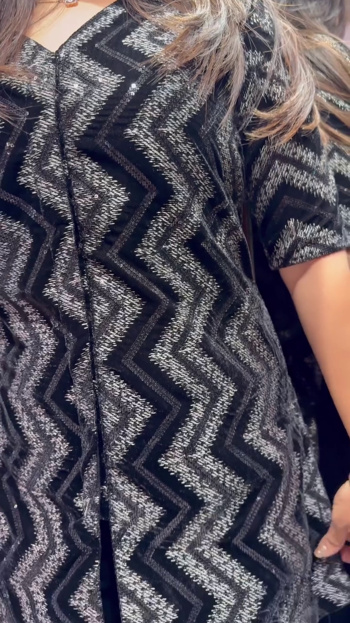 Black Printed Round Neck Top Jacket With Flared Palazzos Ethnic Co-Ords - Image 5