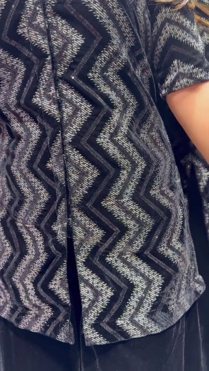 Black Printed Round Neck Top Jacket With Flared Palazzos Ethnic Co-Ords - Image 4