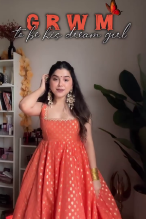 Orange Gold Foil Anarkali Gown with Dupatta – Festive & Wedding Wear