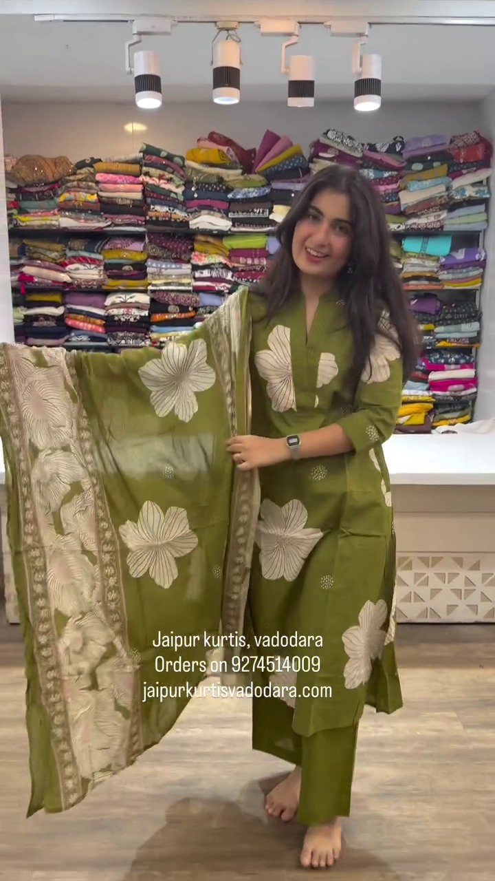 Olive Green Floral Kurta Set with Dupatta – Elegant Office & Festive Wear
