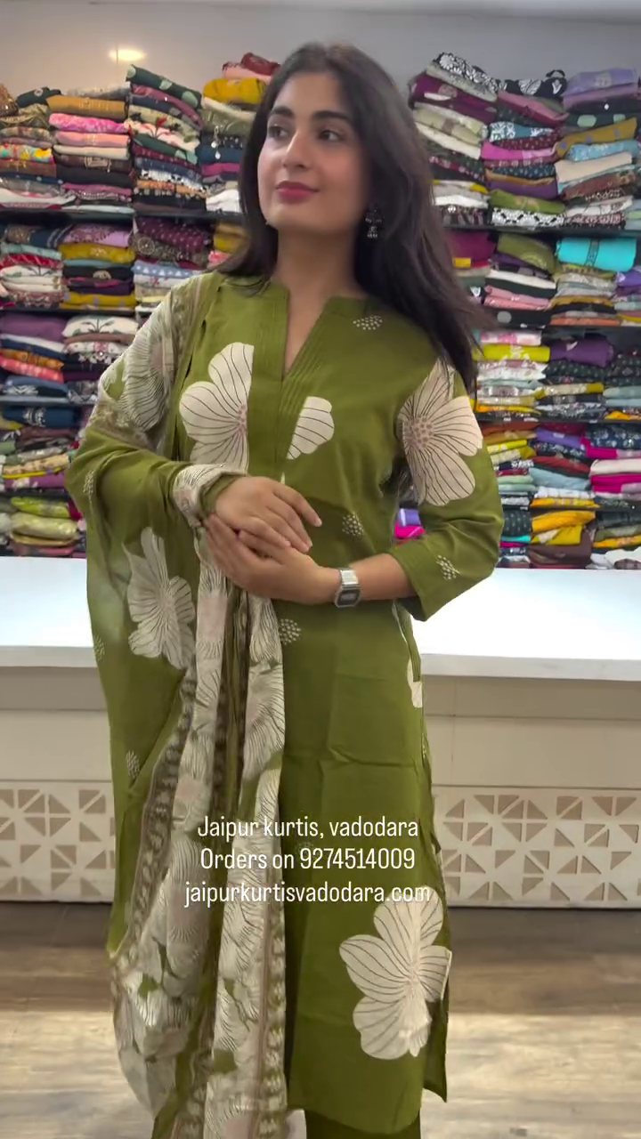 Olive Green Floral Kurta Set with Dupatta – Elegant Office & Festive Wear - Image 2