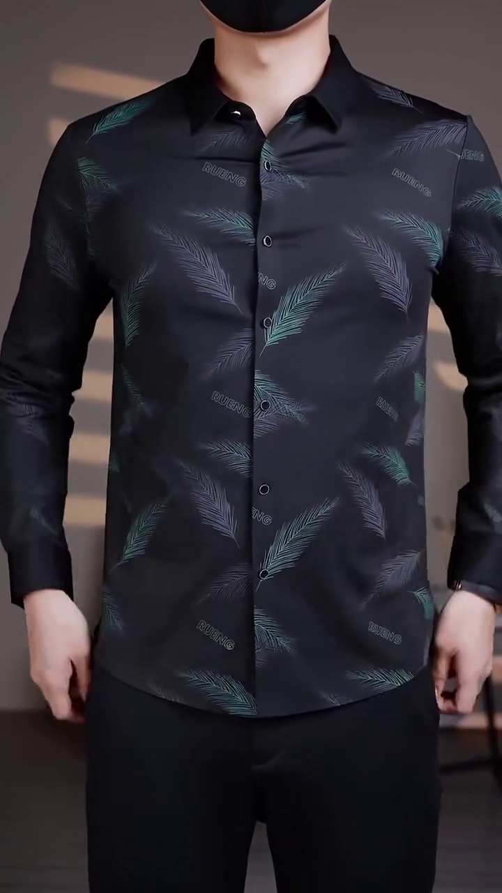 Men's Business Printing Button Long Sleeve Turn-Down Collar Cardigan Shirt Formal Tops