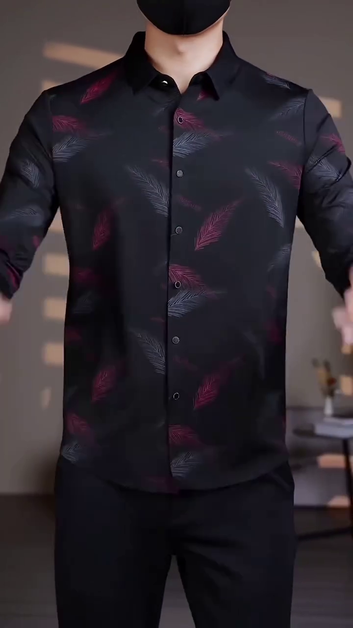 Men's Business Printing Button Long Sleeve Turn-Down Collar Cardigan Shirt Formal Tops - Image 3