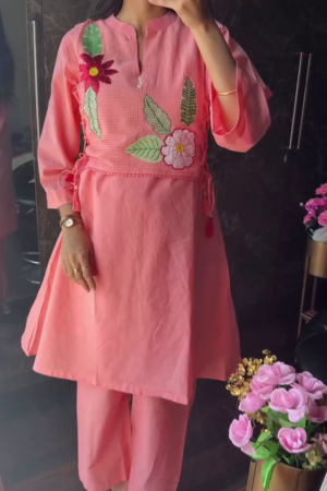 Women’s Light Orange Floral Print Kurta Pant Set