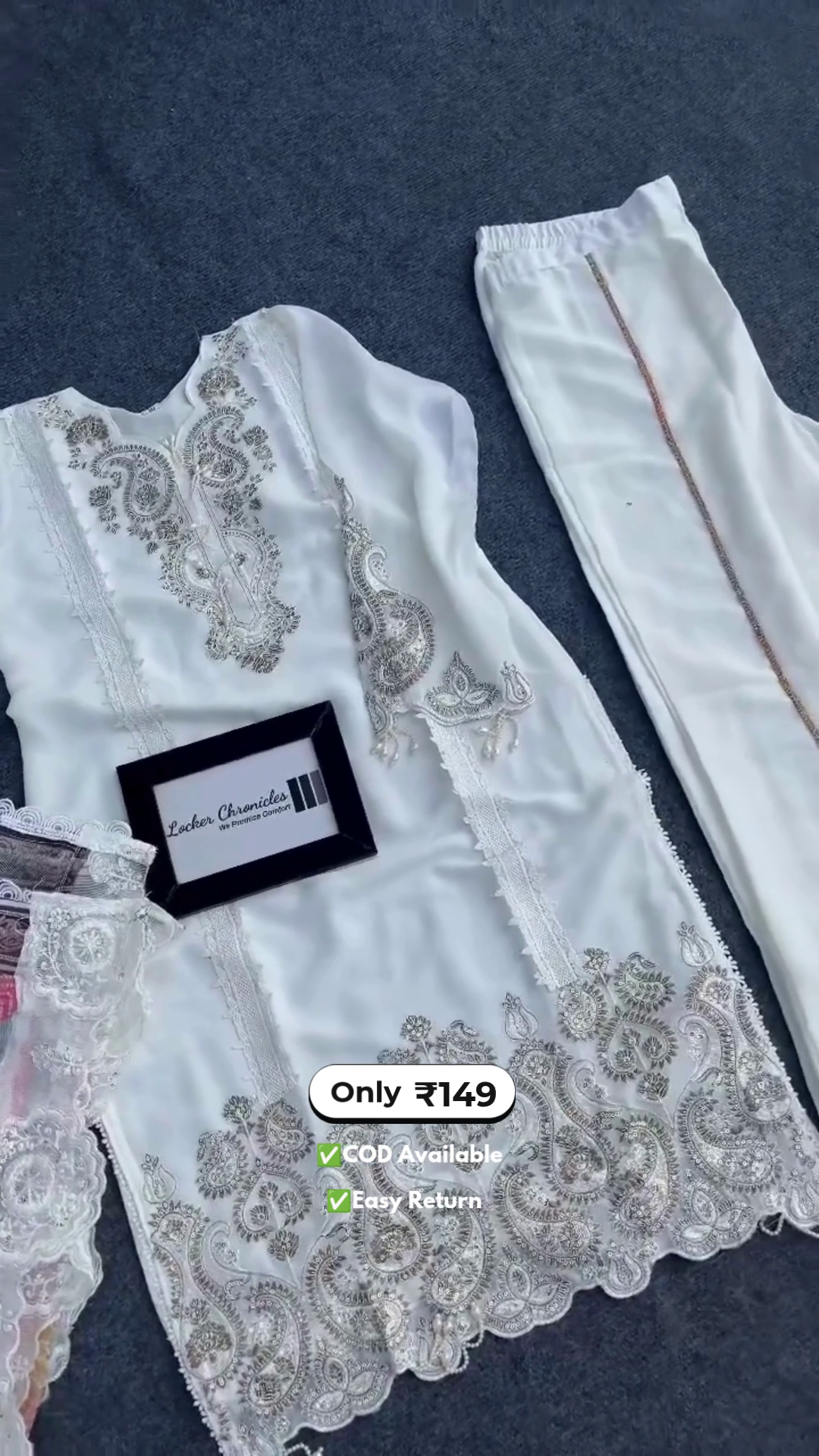 Elegant Women’s White Embroidered Kurta Sets with Contrast Dupatta - Image 2